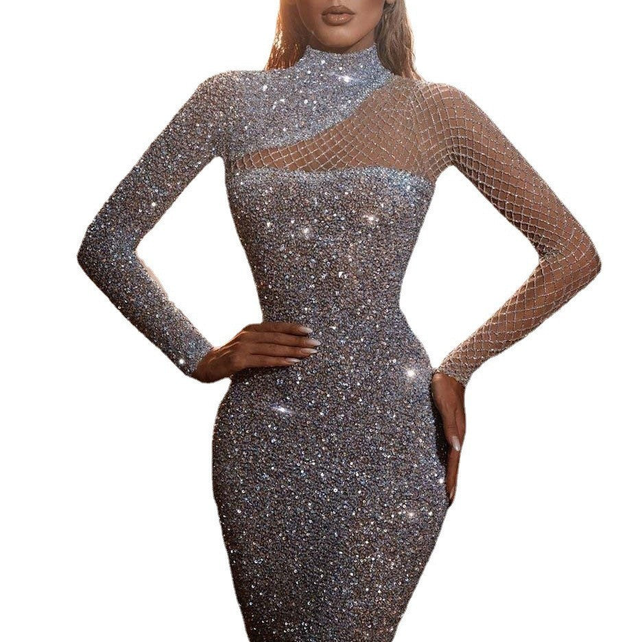 Dame Glamourøs Rhinestone Kjole med elegant Ærmedetalje Stilla