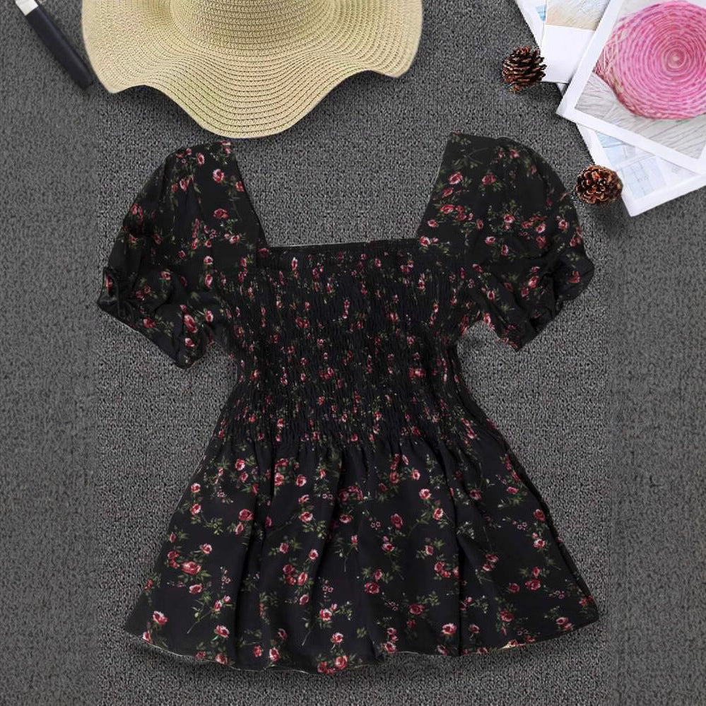 Dame bluse shirt med skulderfri pufærmer og blomsterdesign Stilla