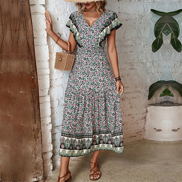 Dame Rynkende Floral Maxi Kjole med Vintage Tryk Stilla
