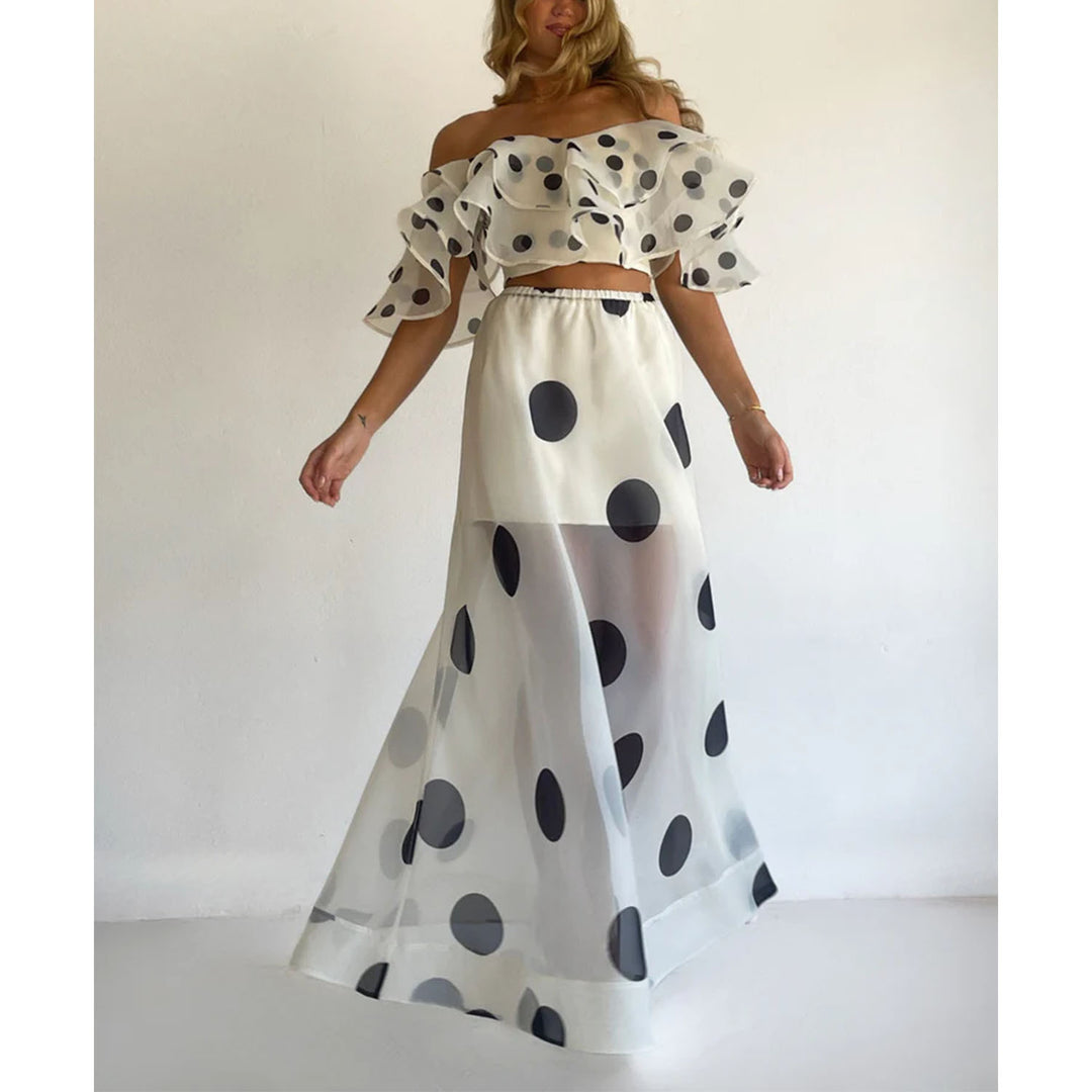 Dame maxi nederdel sæt med off-shoulder top og legende ruffle design