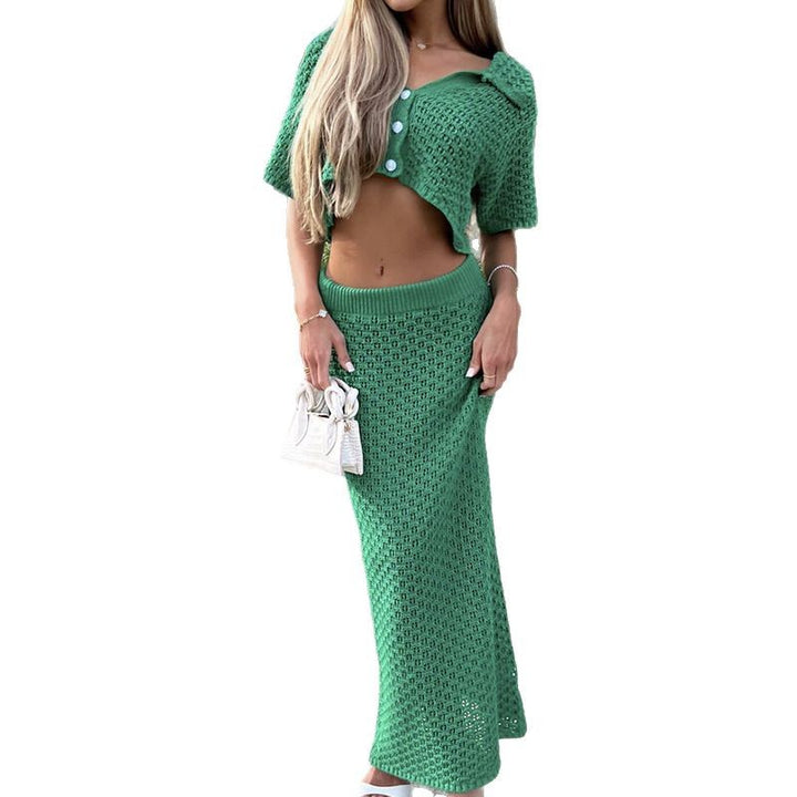 Dame Strik-Crop-Top og Maxiskørt Ensemble med moderne Hæklemønster Stilla