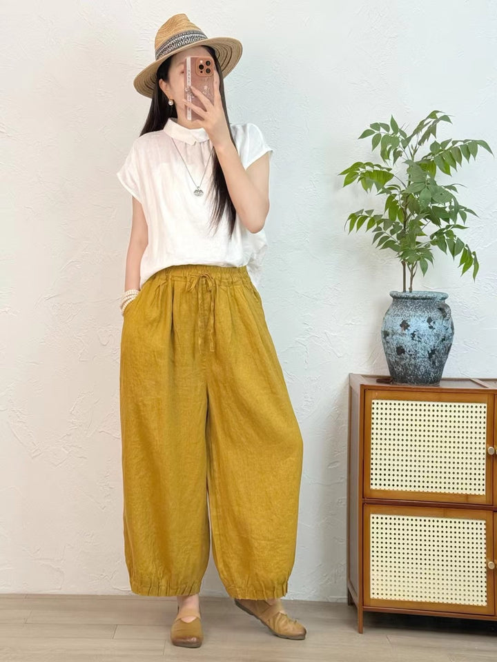 Dame Casual Højtaljede Linned-Culottes med elastiske Ankelslutninger Stilla