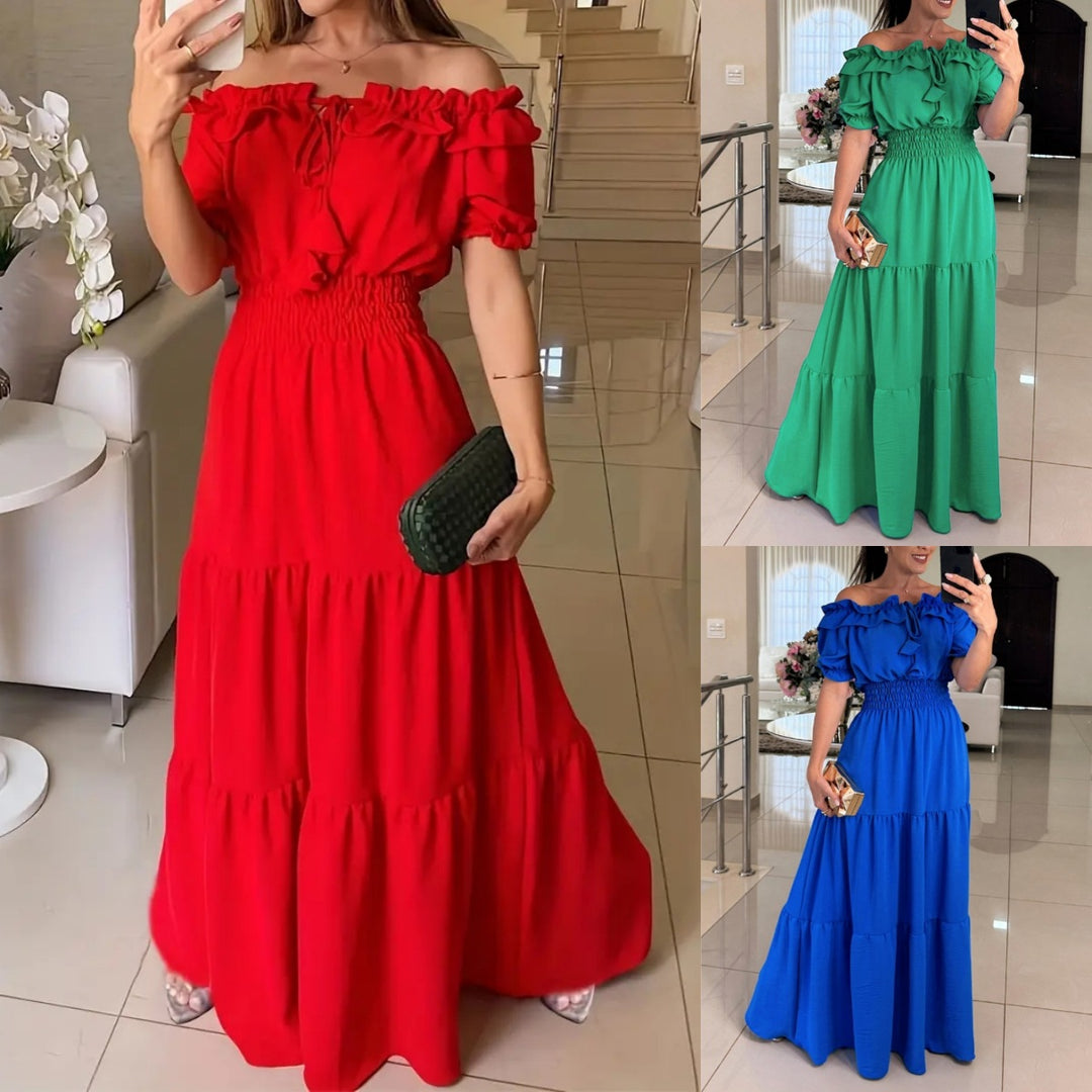 Dame maxikjole med flæsedetaljer og off-shoulder design Stilla