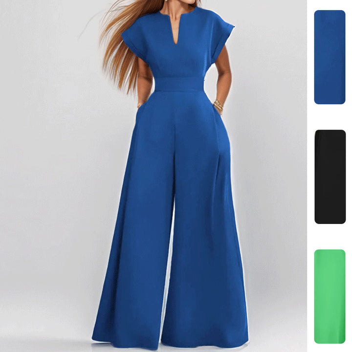 Damer Elegant Bred Jumpsuit med Korte Ærmer og Dyb Udringning Stilla