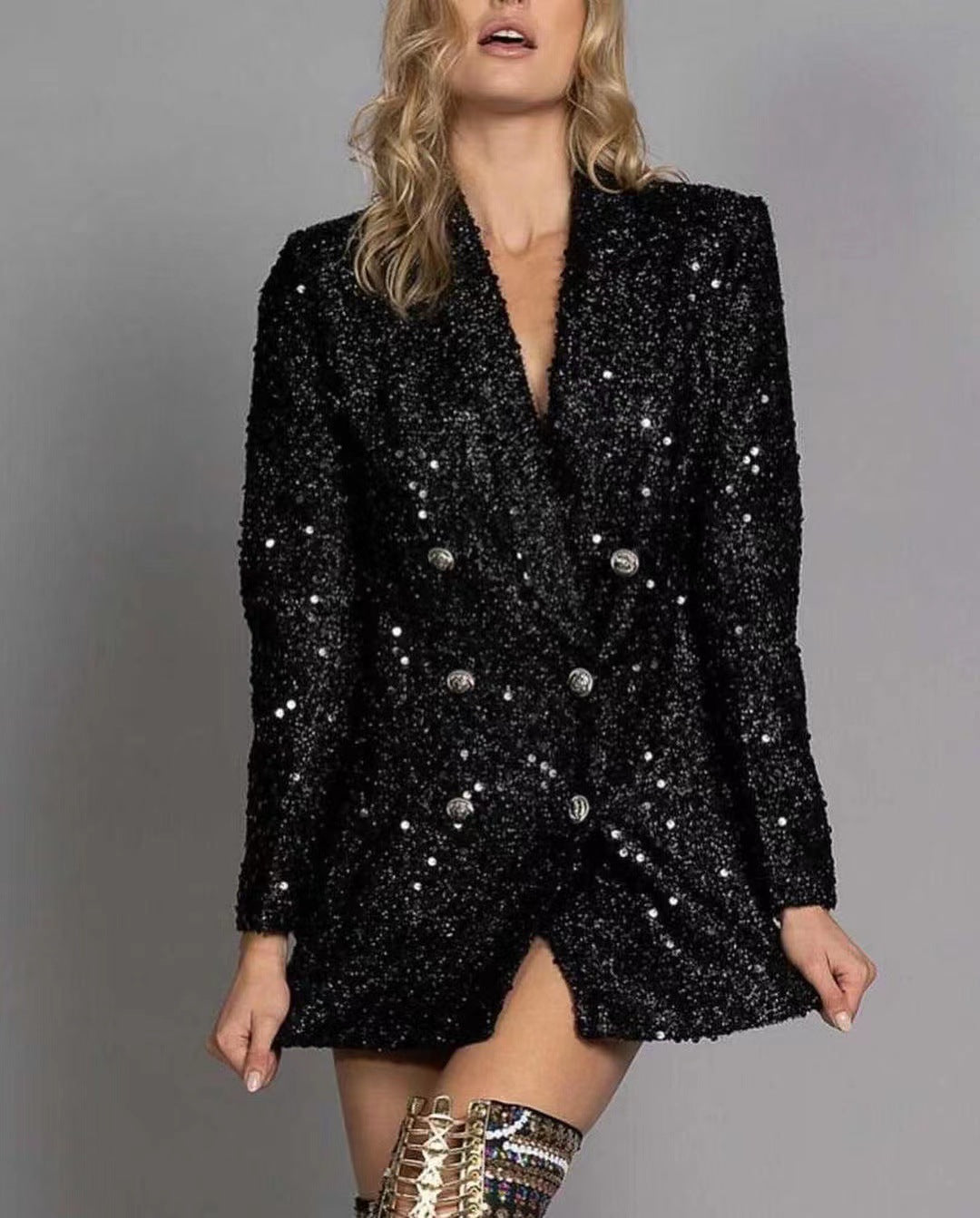 Dame Funklende Blazer med skinnende pailletter og dobbelt knapliste Stilla