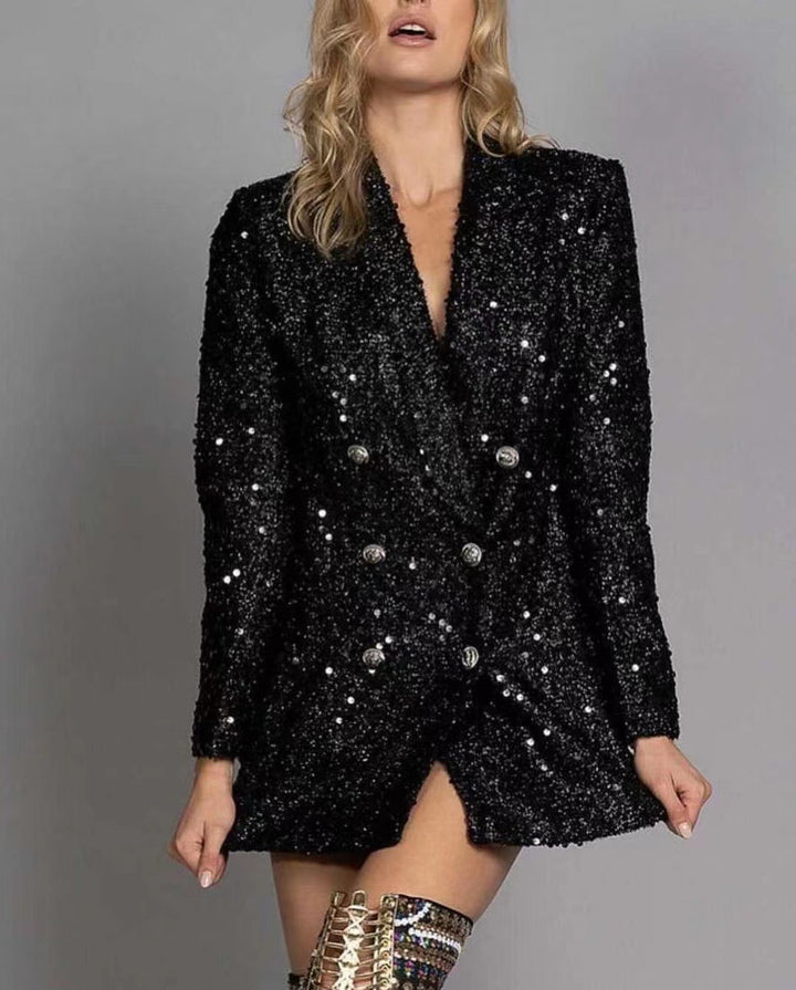 Dame Funklende Blazer med skinnende pailletter og dobbelt knapliste Stilla