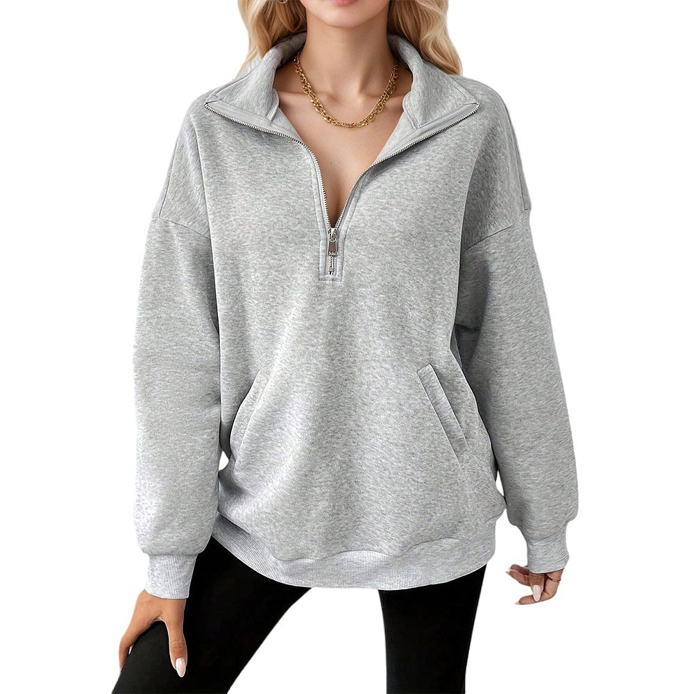 Dame casual sweatshirt med halv lynlås og praktiske lommer Stilla