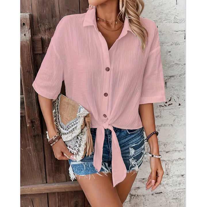 Dame casual knapbluse med knude foran Stilla