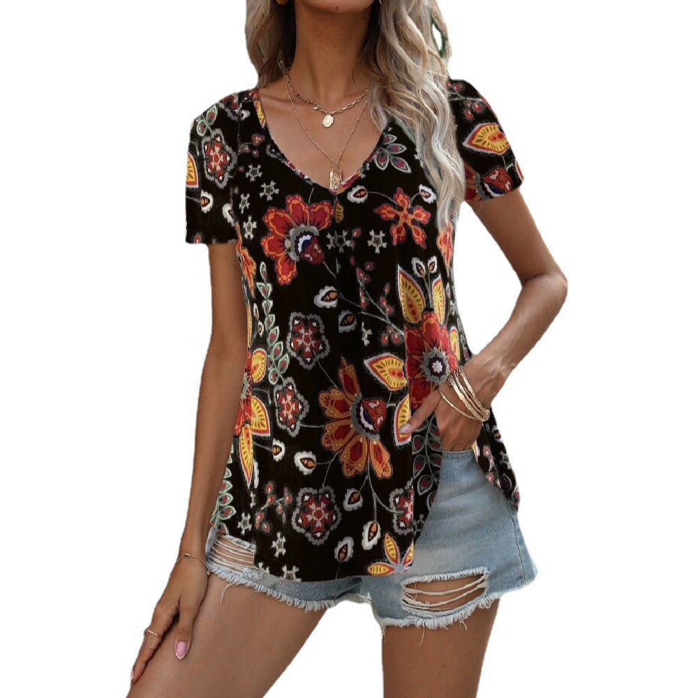 Dame lette kortærmet bluse med blomsterprint Skovae