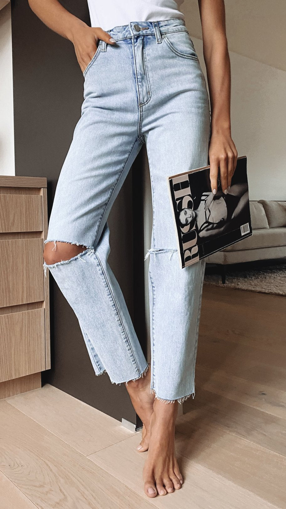 Dame Ripped Jeans i afslappet High-Waist-snits med frynset kanter Stilla