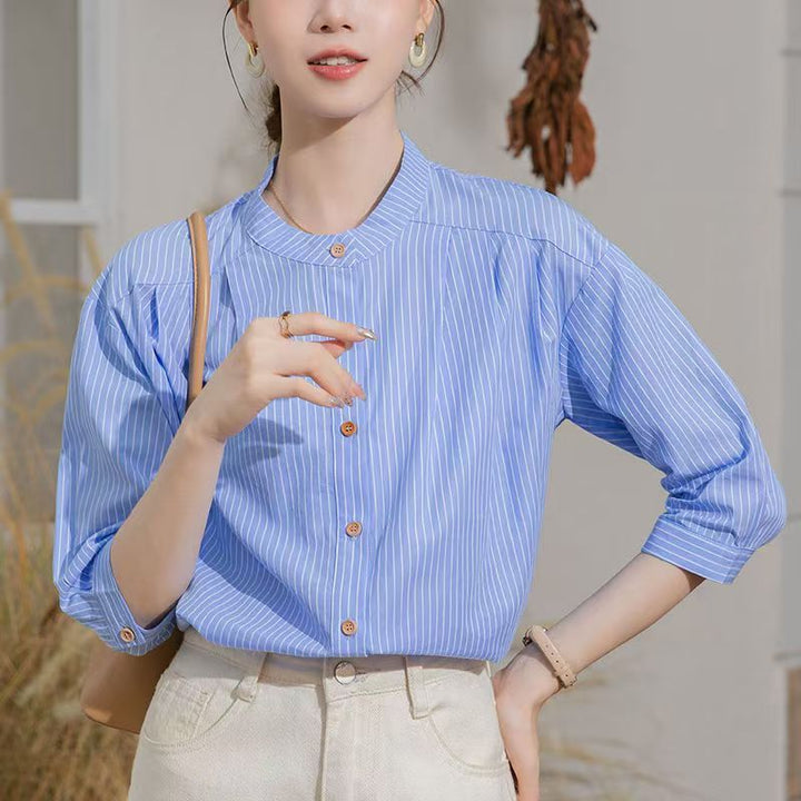 Damer Elegant Stribet Bluse med Traditionel Ståkrave Stilla