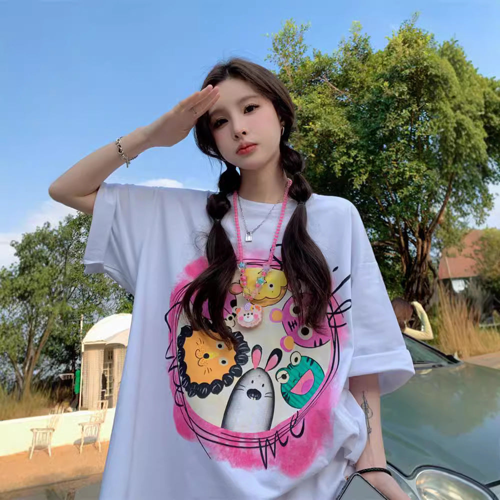 Dame oversized T-shirt med kreativ dyreprint og afslappet snit Stilla