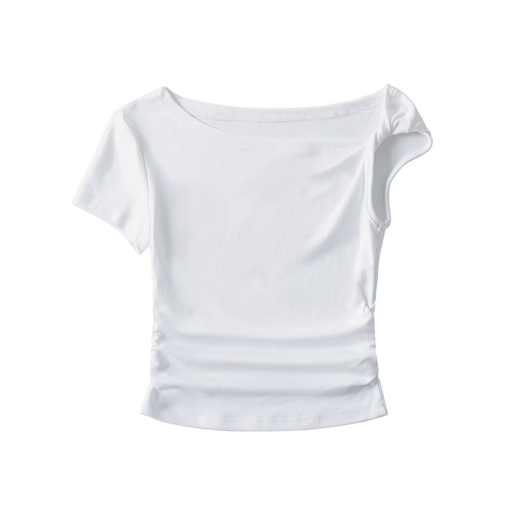 Dame tætsiddende T-shirt med asymmetrisk udskæring og rynkning Stilla