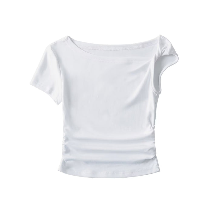 Dame tætsiddende T-shirt med asymmetrisk udskæring og rynkning Stilla