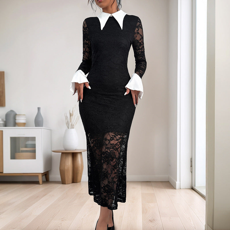 Dame Elegant Spids Midi-Kjole med kontrasterende Krave Stilla