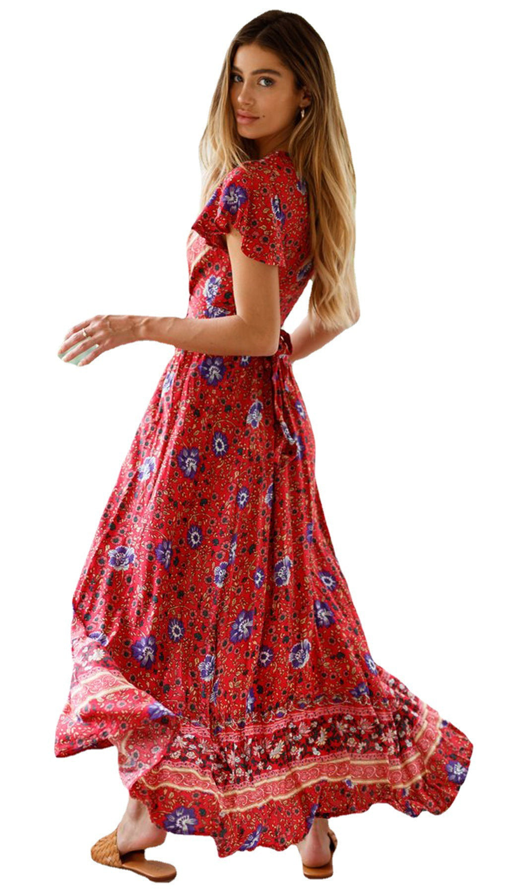 Dame Bohemian Floral Viskestykke Maxi Kjole med Rynket Ærme Stilla