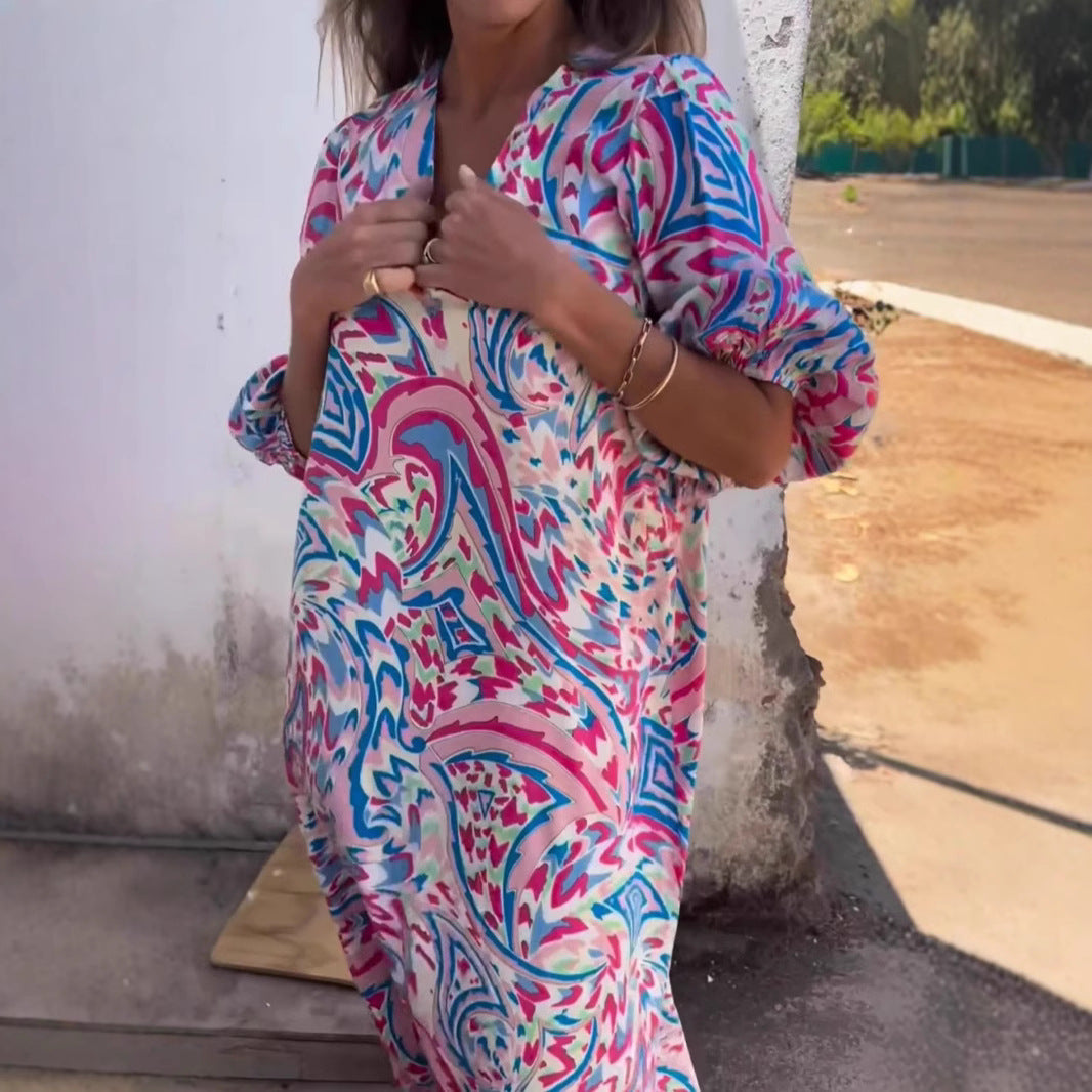Dame luksus kaftan kjole med farverig grafiktryk og praktiske lommer Stilla