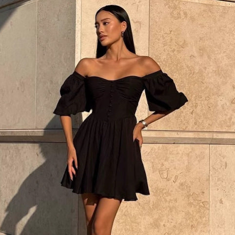 Damer Off-Shoulder Sommerkjole med Puffærmer og Knapdetaljer Stilla