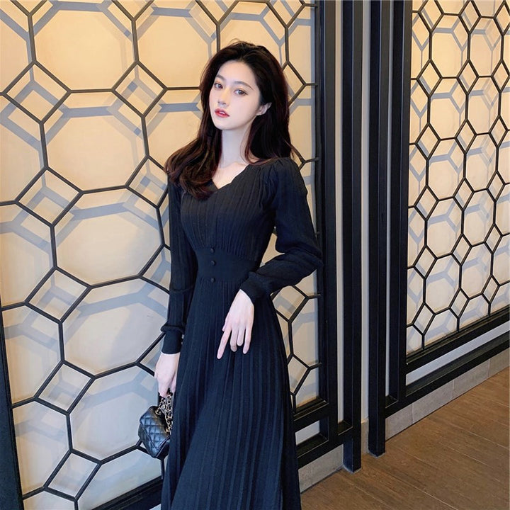 Femme Elegante Ribstrik Maxi Kjole med Knapdetaljer Stilla