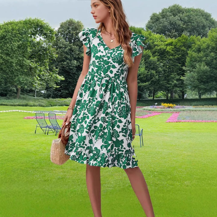 Dame sommerligt fritidskjole med flæse og blomsterdesign Stilla