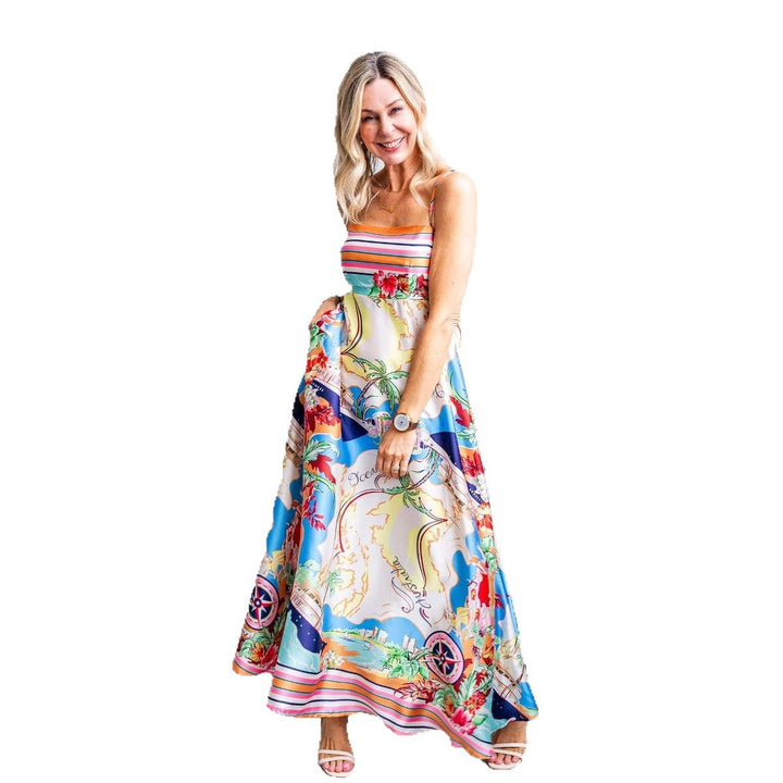 Dame Maxi-kjole med livligt multicolor-print og smalle stropper Stilla
