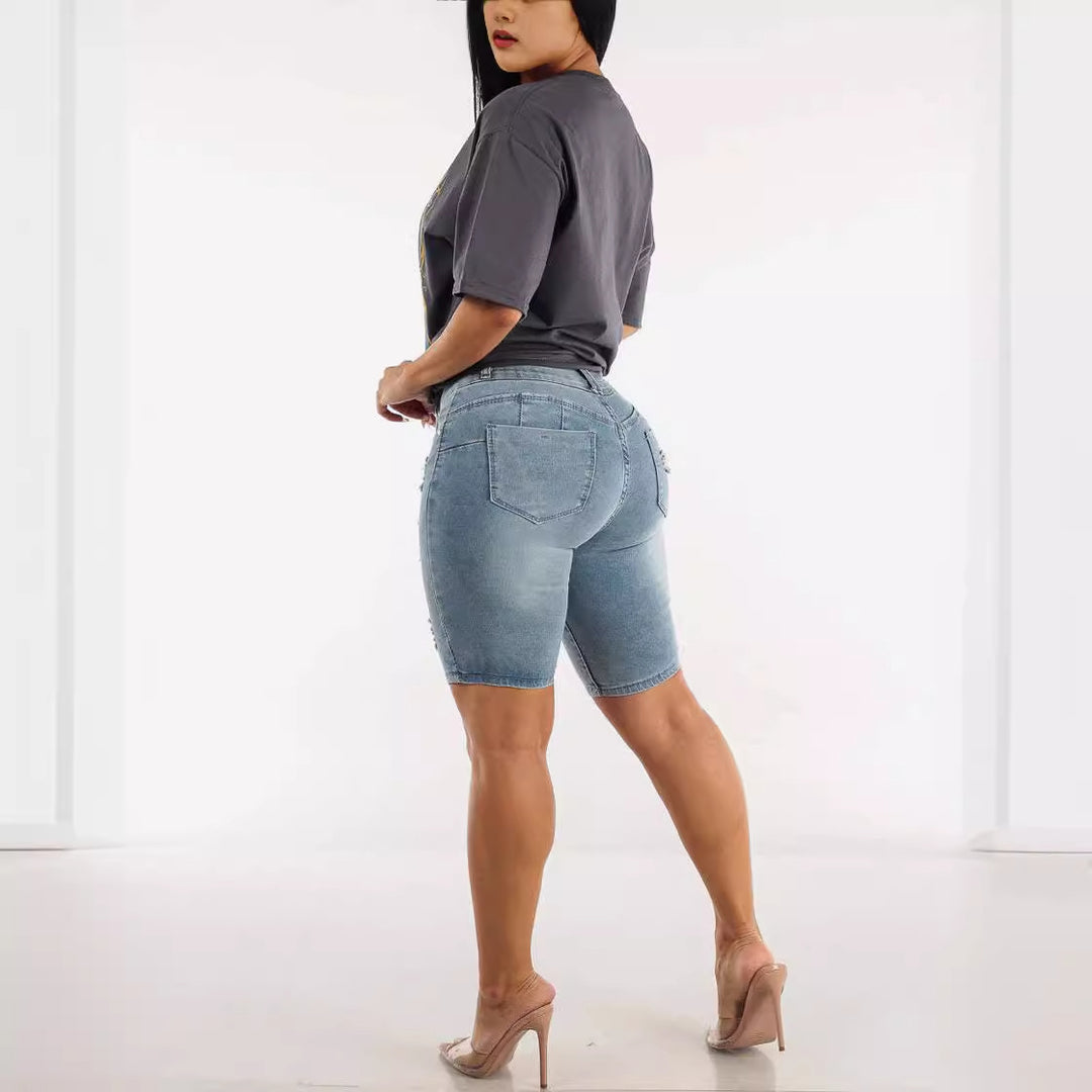 Dame Høj taljede Denim Shorts med moderne Distressed-detaljer og elastisk kant Stilla