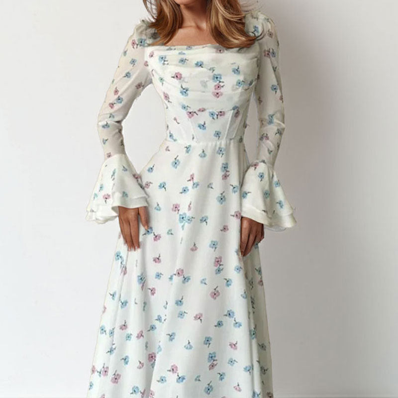 Damer Elegant Maxi Kjole med Blomster Applikationer og Voluminøse Ærmer Stilla