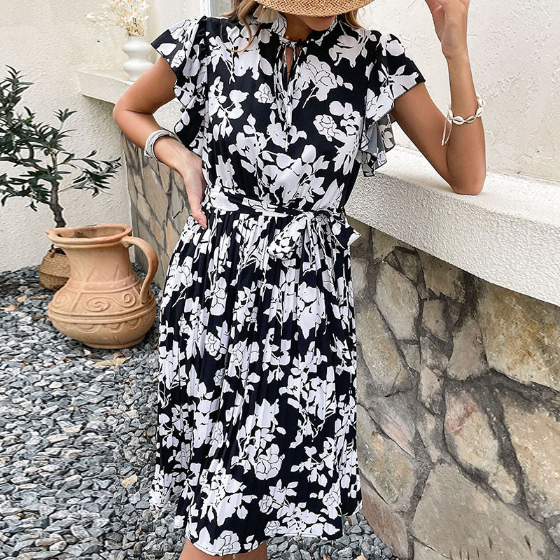 Dame Floral Print Midi Kjole med elegante Flæsekant Stilla