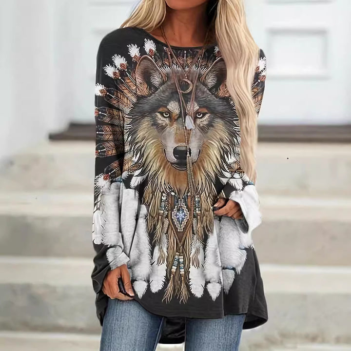 Dame Oversized Sweatshirt med grafisk ulvedesign Stilla