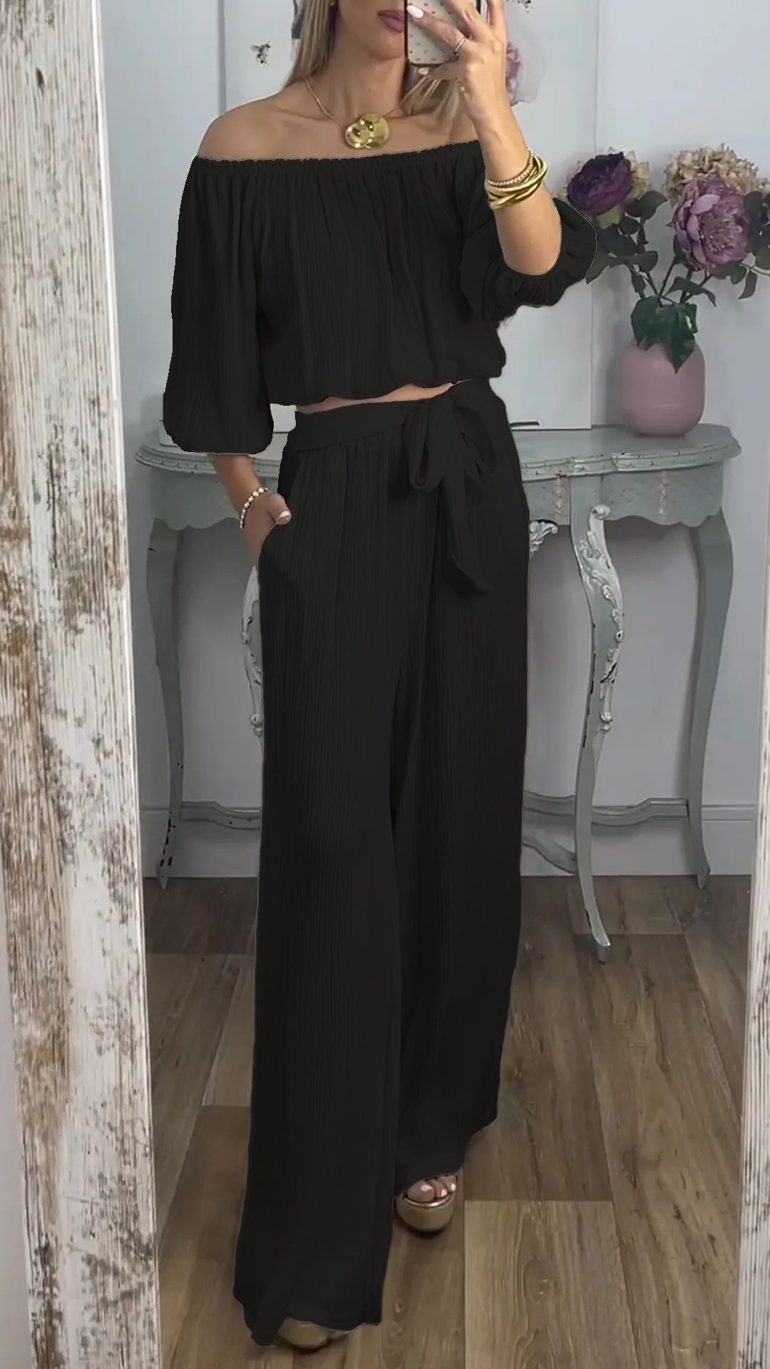 Dame Off-Shoulder Plissé Lounge Sæt Stilla