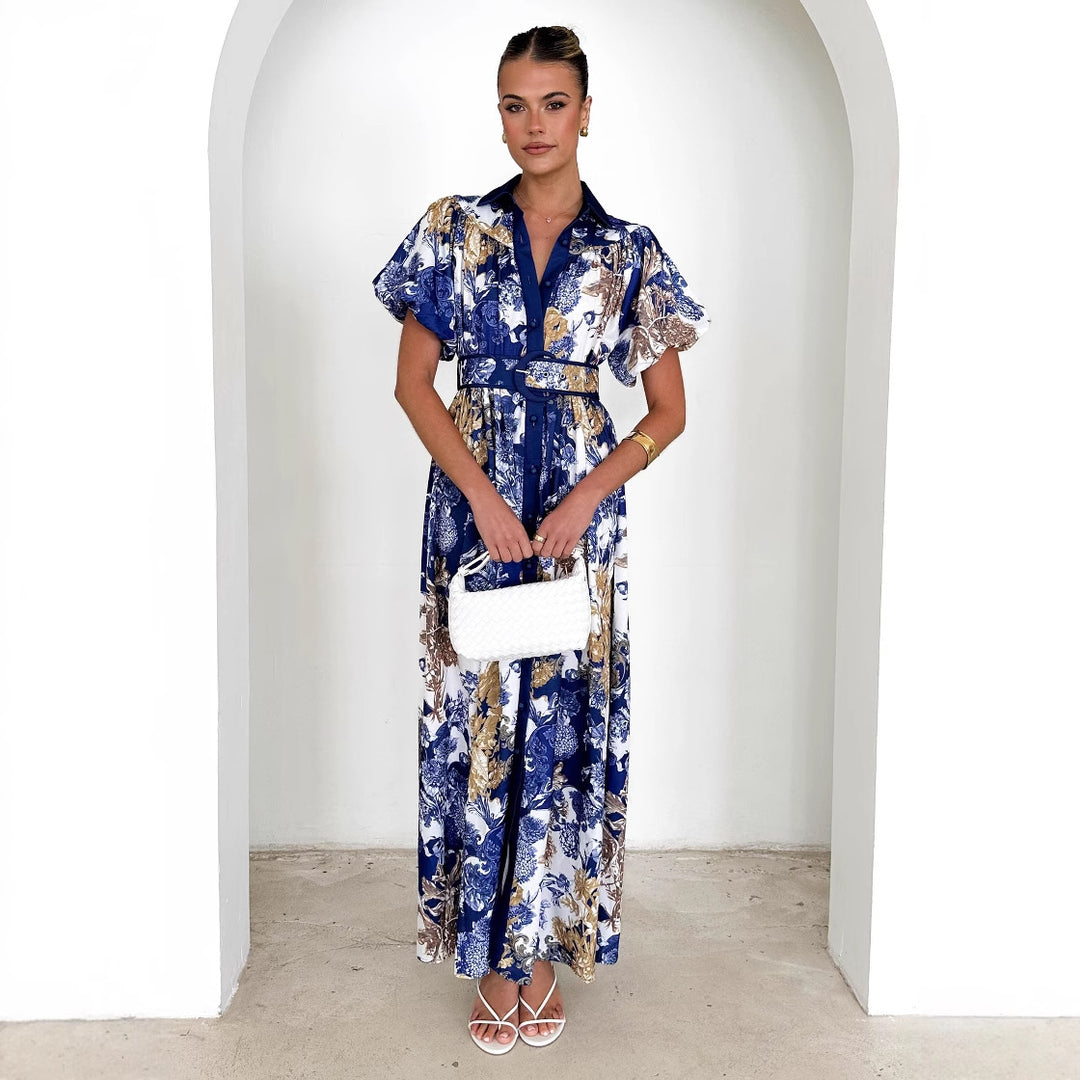 Dame maxi kjole med blomsterdesign og elegante flæser