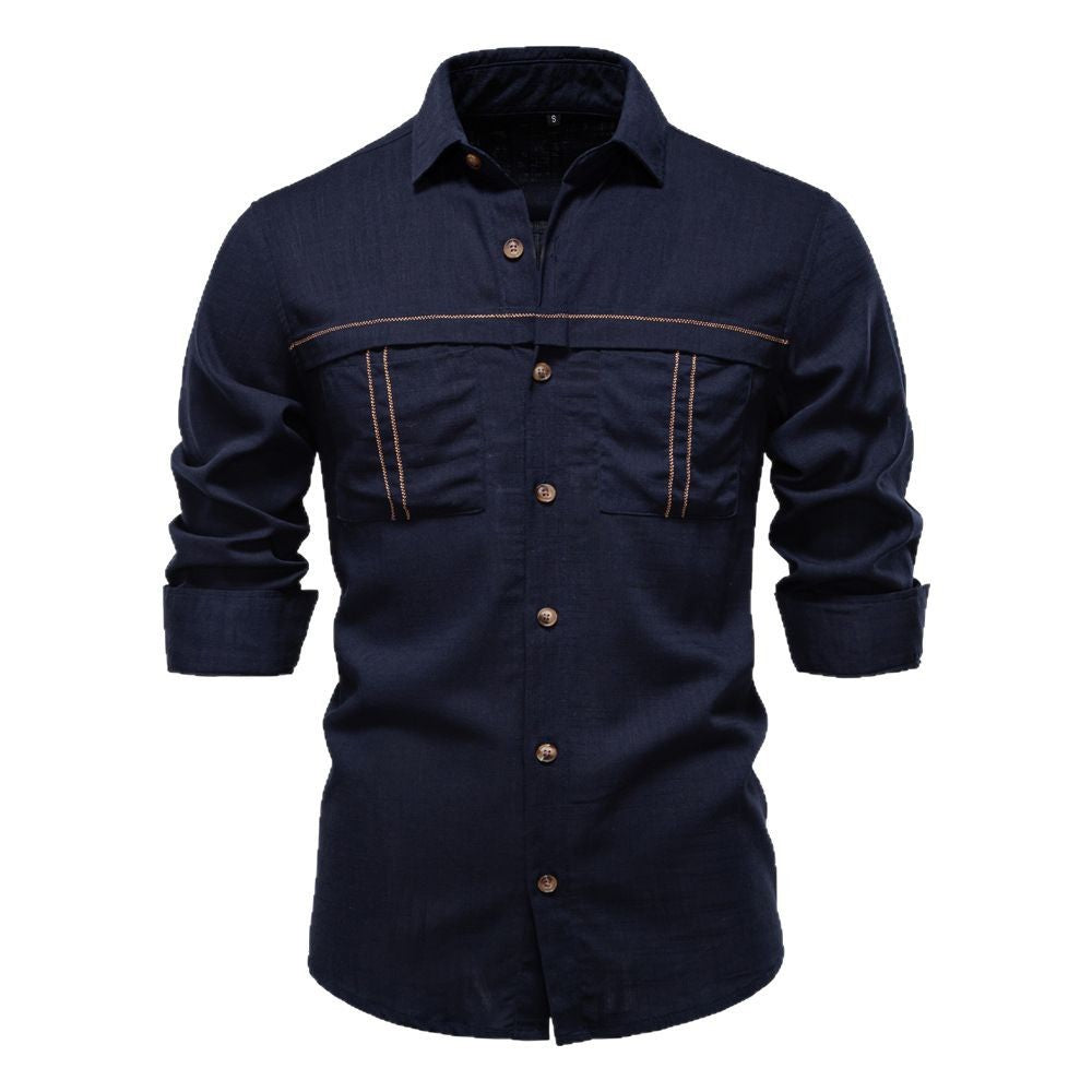 Herrer nan Workshirt i denimlook med dobbelte brystlommer og kontrastsyninger Skovae