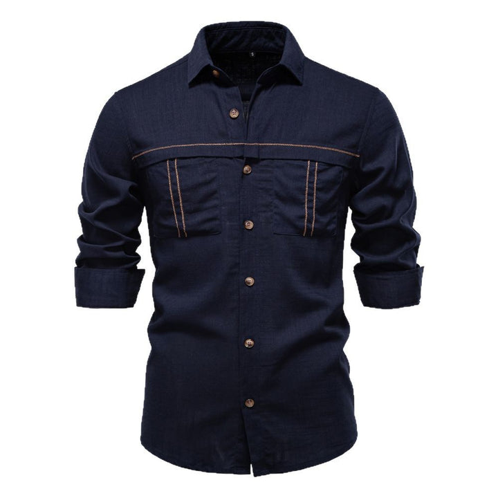 Herrer nan Workshirt i denimlook med dobbelte brystlommer og kontrastsyninger Skovae