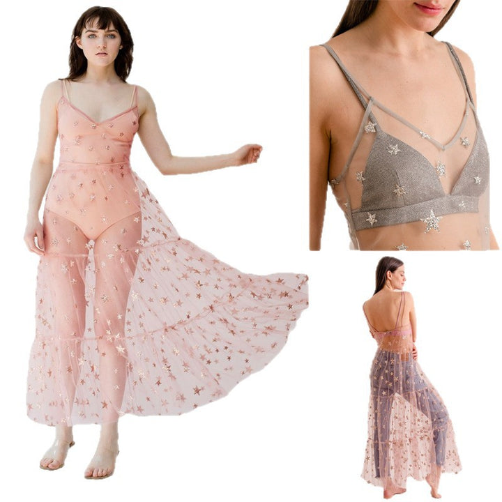 Damer Gennemsigtig Maxikjole i chiffon med stjernedesign og flerlags nederdel Skovae