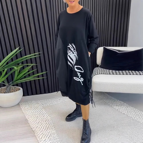 Kvinders Oversized Hoodie Kjole med Sidelommer og Grafisk Tryk Stilla
