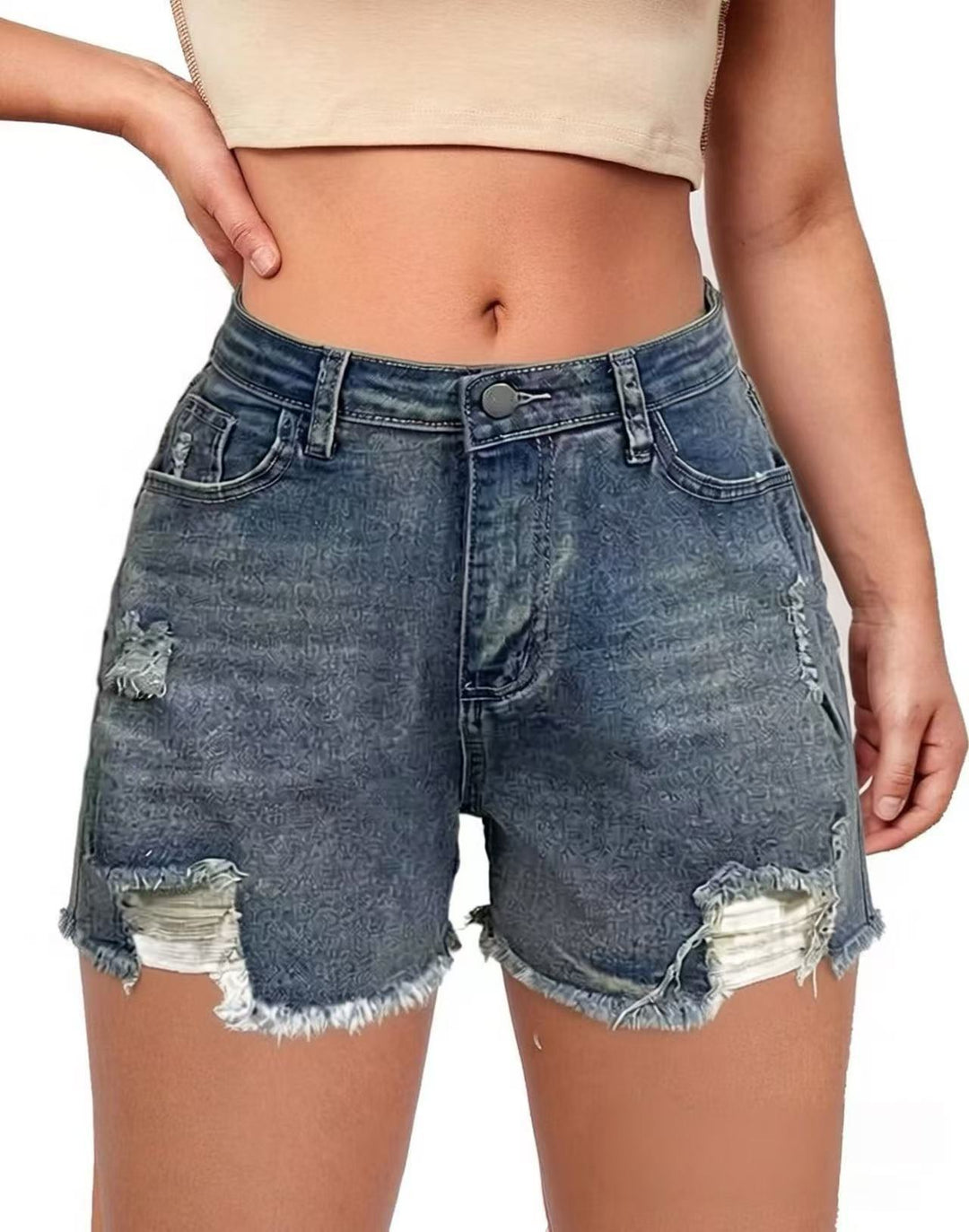 Dame casual Destroyed jeansshorts med høj talje og frynset afslutninger Skovae