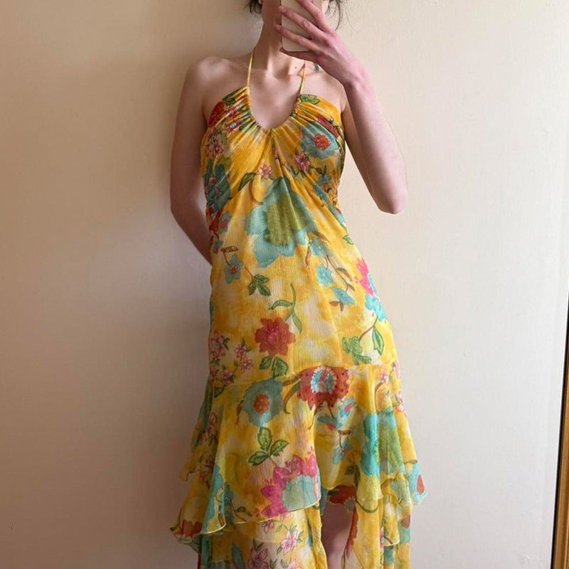 Dame flydende Maxi-kjole med blomsterdesign og flæser Skovae
