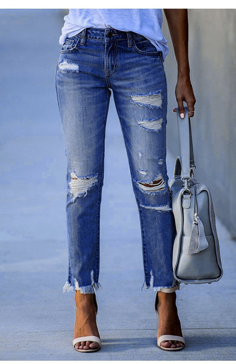 Dame Ripped High-Waist Jeans med frynset kant og modeødelæggede detaljer Stilla