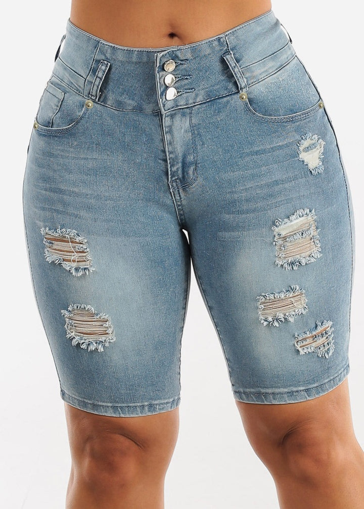 Dame Høj taljede Denim Shorts med moderne Distressed-detaljer og elastisk kant Stilla