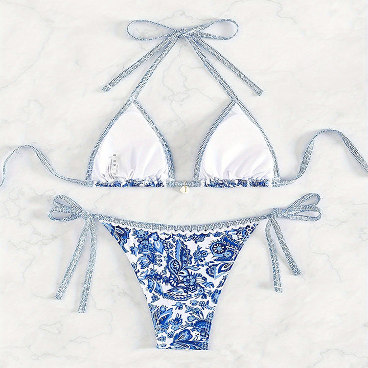 Dame triangel-bikini med romantisk blomsterprint og justerbare stropper Skovae