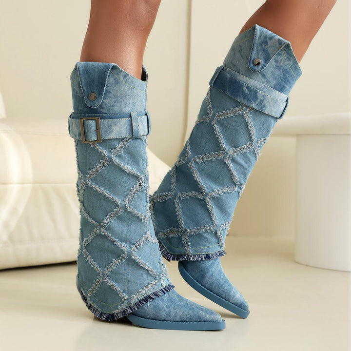 Femme Stilfulde Denim Over-knæ Cowboy-støvler Stilla