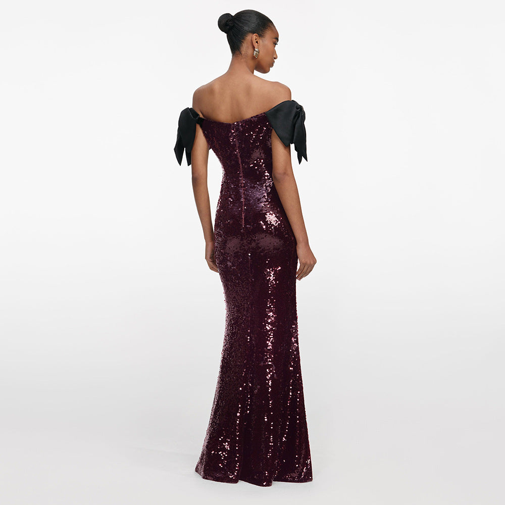 Dame Elegant Paillet-Maxikjole med off-shoulder design og dekorative sløjfer Skovae
