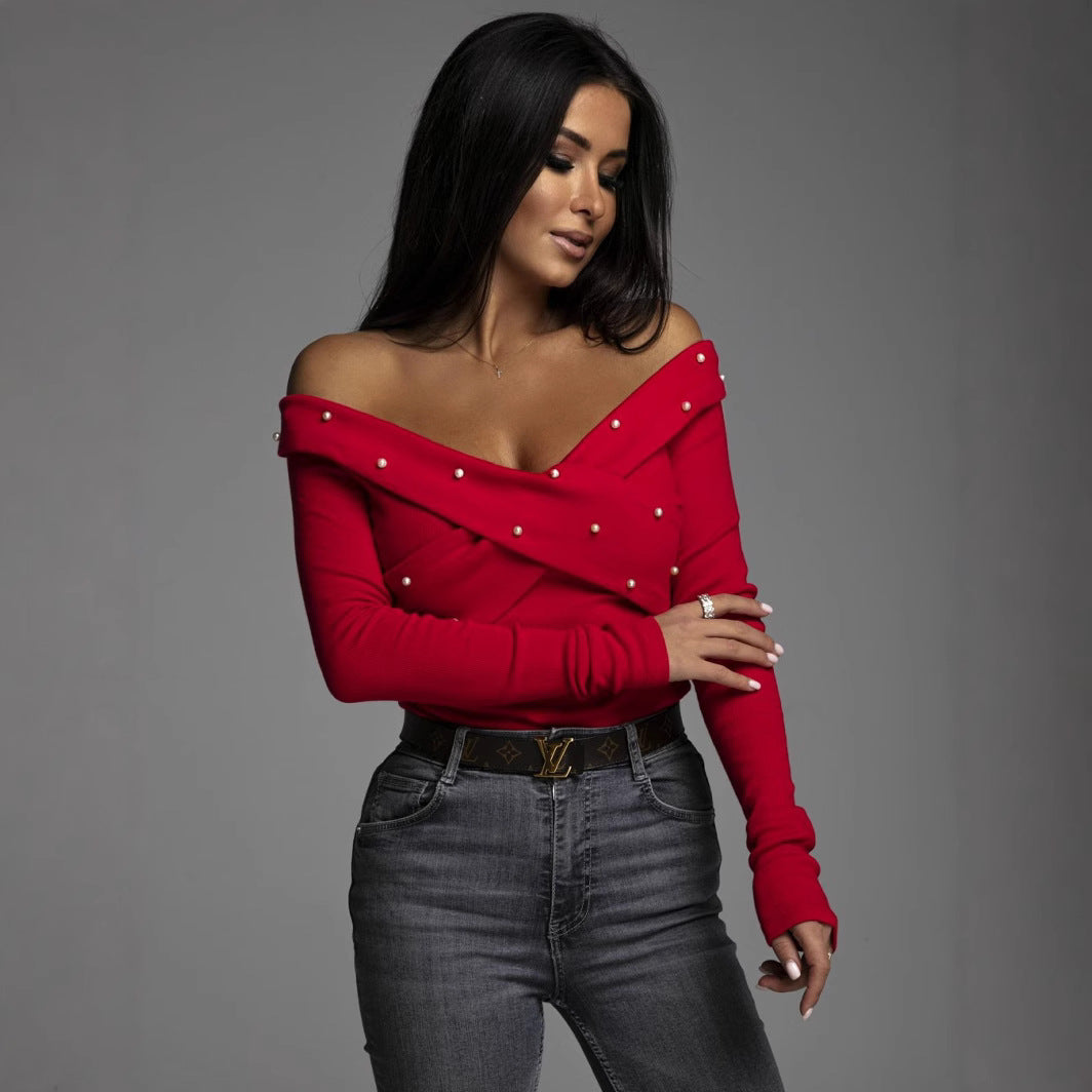 Dame Off-Shoulder Top med Perlepynt Stilla