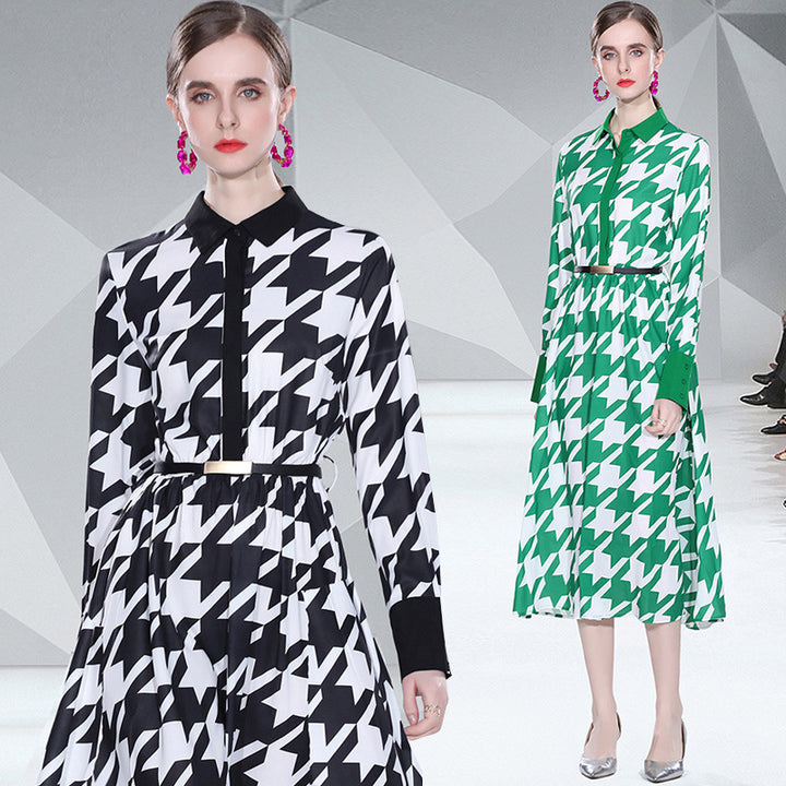 Dame knælange skjortekjole med moderne houndstooth-mønster og taljebælte Stilla
