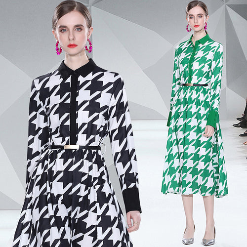 Dame knælange skjortekjole med moderne houndstooth-mønster og taljebælte Stilla