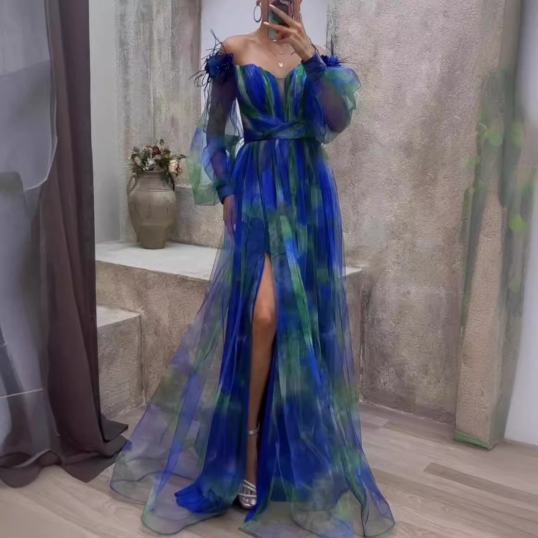 Kvinders Off-Shoulder Maxi Kjole med Blomsterdesign og Gennemsigtige Flæse Detaljer