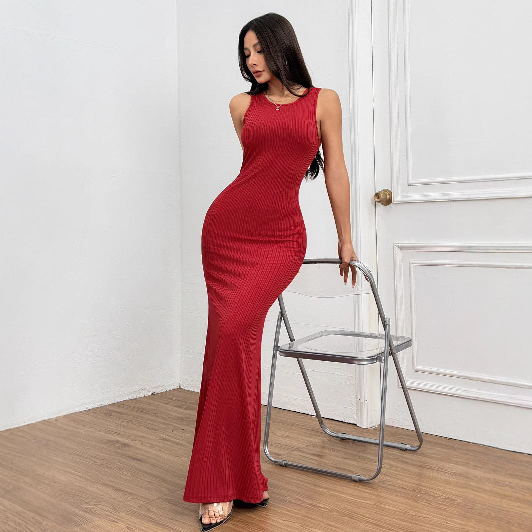Damer figur-siddende rib maxi kjole med elegant rund udskæring Stilla