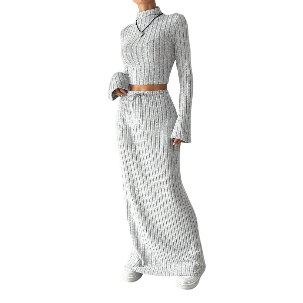 Kvinder Langærmet Crop Top og Maxi Skirt Sæt med Elegant Rib Struktur Stilla