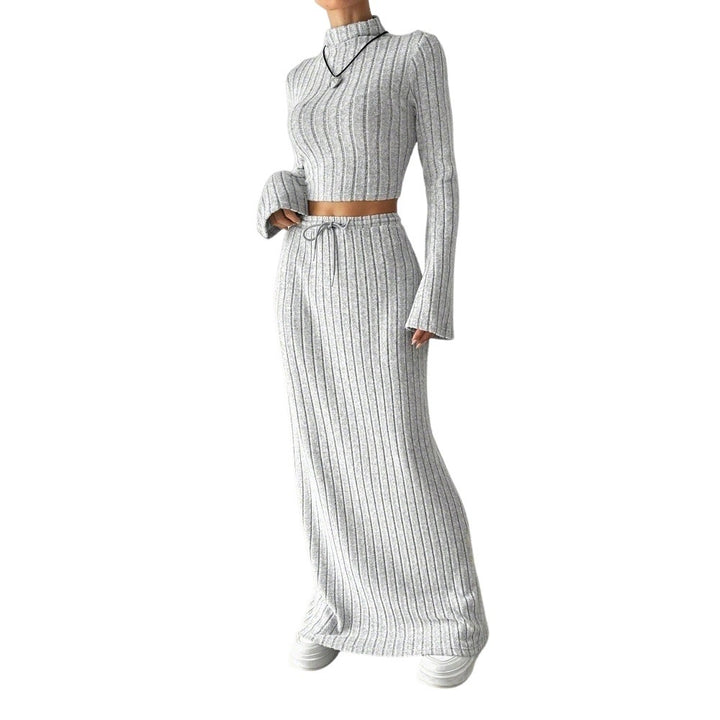 Kvinder Langærmet Crop Top og Maxi Skirt Sæt med Elegant Rib Struktur Stilla