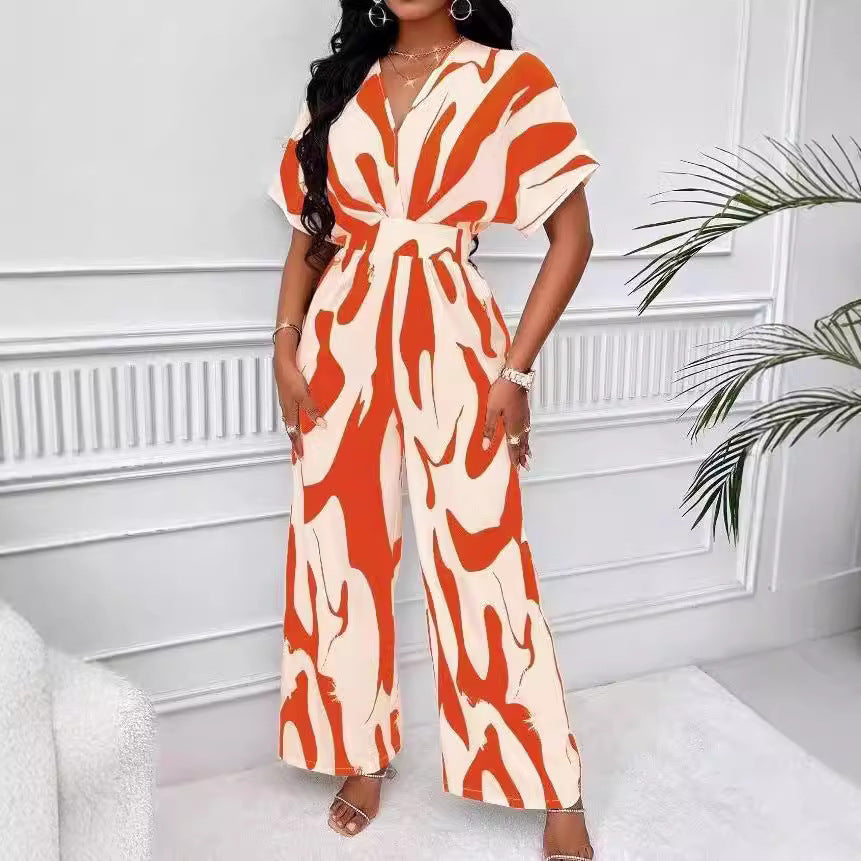Dame Elegant Jumpsuit med stort mønster og V-udskæring Skovae